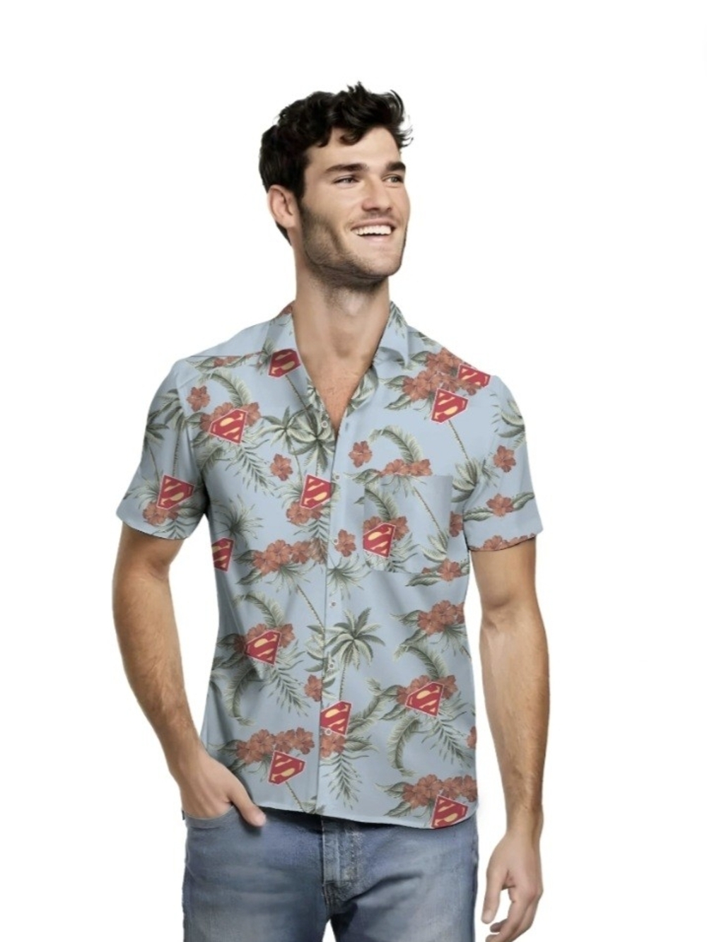 Superman Tropical Hawaiian Shirt Button-Down DC Comic Palm Trees Rayon Small
